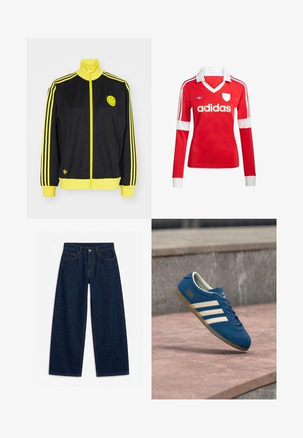 Sort zip-up jakke med gule detaljer, høj krave, glad ansigt logo på venstre bryst og tre vandrette gule striber på hver ærme.; Rød langærmet fodboldtrøje med hvid krave og manchetter. Har tre hvide striber på skuldrene og "adidas" logoet fremtrædende vist.; Mørkeblå vidde denimjeans med frontknap og lynlås, bæltestropper og femlomme-stil, lagt fladt på en hvid baggrund.; Blå ruskindsneaker med cremefarvede striber og snørebånd, sål af gummiridse, tekstureret overflade, rundet tå og mærkning på siden.
