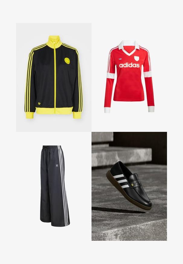 Čierna bunda na zips so žltými akcentmi, vysoký golier, logo s úsmevom na ľavom prsníku a tri horizontálne žlté pruhy na každom rukáve.; Červený futbalový dres s dlhým rukávom a bielym golierom a manžetami. Na ramenách sú tri biele pruhy a výrazne zobrazené logo "adidas".; Čierne športové nohavice z ľahkého materiálu, s tromi bielymi vertikálnymi pruhmi a elastickým pásom so sťahovacou šnúrkou.; Čierny kožený mokasín s bielymi pruhmi a hnedou podrážkou, umiestnený nad betónovými schodmi, ktoré vrhajú tieň na zem.