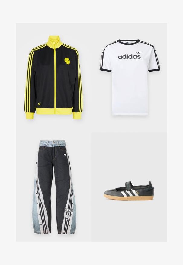 Schwarze Zip-Jacke mit gelben Akzenten, hohem Kragen, Smiley-Gesicht-Logo auf der linken Brust und drei horizontalen gelben Streifen an jedem Ärmel.; Weißes Baumwoll-T-Shirt mit schwarzen Akzenten, verfügt über einen Rundhalsausschnitt, kurze Ärmel, drei schwarze Streifen auf den Schultern und das "adidas"-Logo in Schwarz.; Zweifarbige Adidas-Trainingshose mit schwarzen Vorderteilen, weiß-schwarz gestreiften Seitenpaneelen, Druckknöpfen und Logo-Patches am rechten Bein.; Schwarze Leder- und Wildledersneaker mit einem Klettverschluss, ausgestattet mit drei weißen Streifen und einer Gummisohle, beschriftet mit "SAMBA" an der Seite.