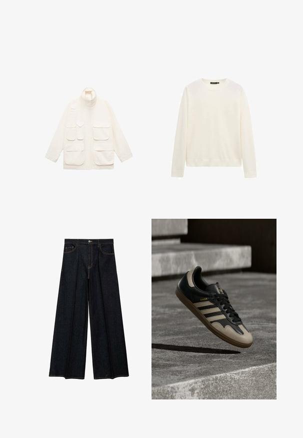 Lysbeige jakke lavet af bomuld, med høj krave, flere forlommer og en afslappet pasform med lange ærmer.; Hvid langærmet crewneck-trøje med ribstrikkede manchetter og kant, vist mod en helt hvid baggrund.; Vide ben jeans i mørkt denim med høj talje, frontlommer og kontrastfarvet syning. Glat tekstur med en skræddersyet finish.; Sort og beige lædersneaker med tre hvide striber, tanfarvet gummisål og gyldent "Samba"-detalje på siden.
