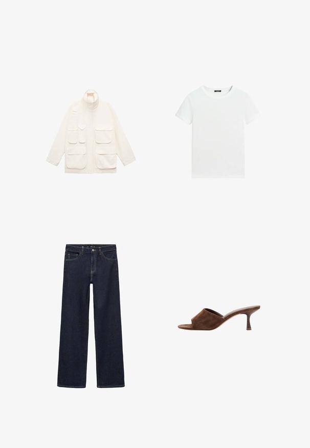Lysbeige jakke lavet af bomuld, med høj krave, flere forlommer og en afslappet pasform med lange ærmer.; Almindelig hvid T-shirt med korte ærmer, rund halsudskæring og lille sort label inden i kraven.; Mørk denim jeans med en afslappet pasform. Har høj talje, fem lommer og kontraststing. Lige ben-design, uden udsmykning.; Brun ruskind åben tå mule med mellemhøj, buet træsko hæl og slip-on design på en hvid baggrund.