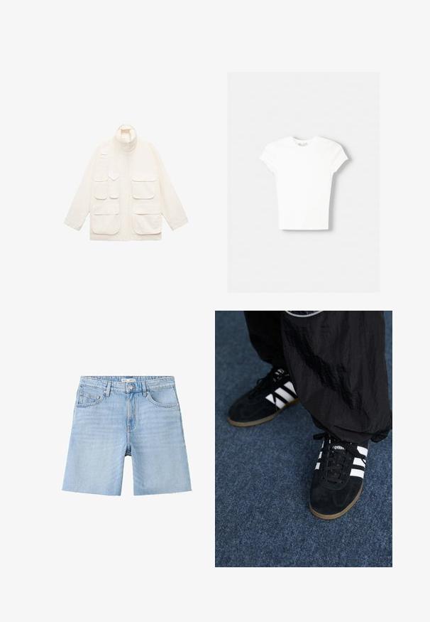 Lysbeige jakke lavet af bomuld, med høj krave, flere forlommer og en afslappet pasform med lange ærmer.; Hvid kortærmet t-shirt lavet af blød bomuld, med rund halsudskæring og en tætsiddende form. Ingen synlige mønstre eller udsmykninger.; Lyseblå denimshorts med frontknap, lynlås, bæltestropper, to forlommer og rå kanter.; Sorte suedetrainingssko med tre hvide striber og sorte snørebånd. Et tekstureret sort bukser er delvist synligt ved siden af skoene.