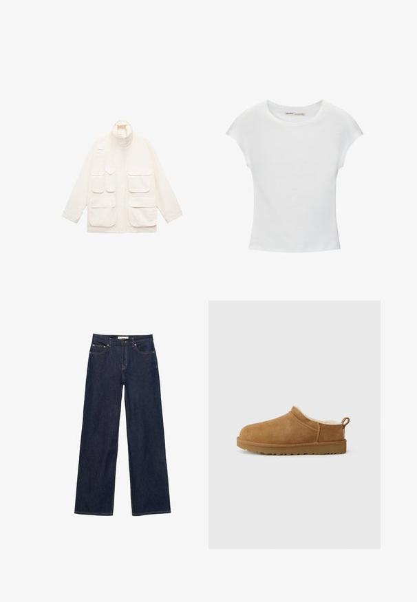 Lysbeige jakke lavet af bomuld, med høj krave, flere forlommer og en afslappet pasform med lange ærmer.; Hvid bomuld t-shirt med korte, opsmøgede ærmer, rund halsudskæring og lige kant. Glat tekstur uden synlige mønstre eller detaljer.; Mørkeblå denim jeans med brede, lige ben, forlommer og lukning med knap og lynlås.; Brune ruskind slip-on sko med blødt, hvidt pelsfor, flad gummisål, rund tå og lille trækstrop ved hælen.