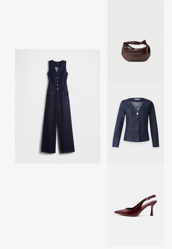 Marineblaue Denimjacke mit V-Ausschnitt, langen Ärmeln, tailliertem Design und drei schwarzen Knöpfen auf der Vorderseite. Mit senkrechter Nahtverarbeitung.; Denim-Overall in Dunkelblau mit V-Ausschnitt, ärmellosem Design, fünf vorderen Knöpfen und weitem Bein. Verfügt über zwei Seitentaschen.; Glänzender dunkelroter Slingback-Pumps mit spitzer Kappe, schmalem verstellbarem Riemen und zugespitztem Stiletto-Absatz auf weißem Hintergrund.; Dunkelbraune Lederschultertasche mit weicher, lockerer Form und einem gedrehten Knotengriff vor schlichtem weißem Hintergrund.