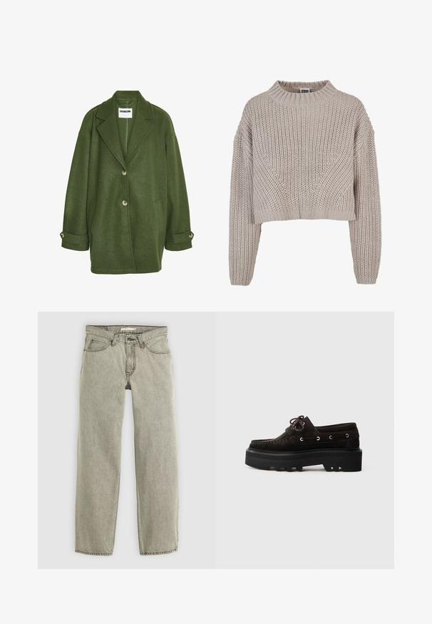 Grøn uldblandet frakke med spids krave, to frontlommer og tre knapper. Har en løs pasform og oprevne ærmer.; Beige chunky strikket cropped sweater med lange ærmer og ribbet rund halsudskæring samt manchetter.; Lys grå straight-leg jeans med frontlukkede knap og lynlås, bæltestropper og fem-lomme design.; Mørkebrune ruskindssko med en kraftig sort platformsål. Har snørebånd, metaløjer og et syet tådesign. Sidevisning.