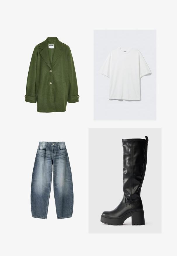 Groene wolmix jas met een notch-kraag, twee voorzakken en drie knopen. Heeft een losse pasvorm en opgerolde manchetten.; Wit oversized katoenen T-shirt met korte mouwen, ronde hals en een klein merkembleem aan de binnenkant van de kraag.; Wijd gesneden jeans van lichtblauwe denim met vervaging, met een vijf-pocket ontwerp, knoopsluiting en minimale stikdetails.; Knee-high zwarte neplederen laarzen met een chunky plateauhak, gladde textuur en een zijrits voor makkelijk aan- en uitdoen.