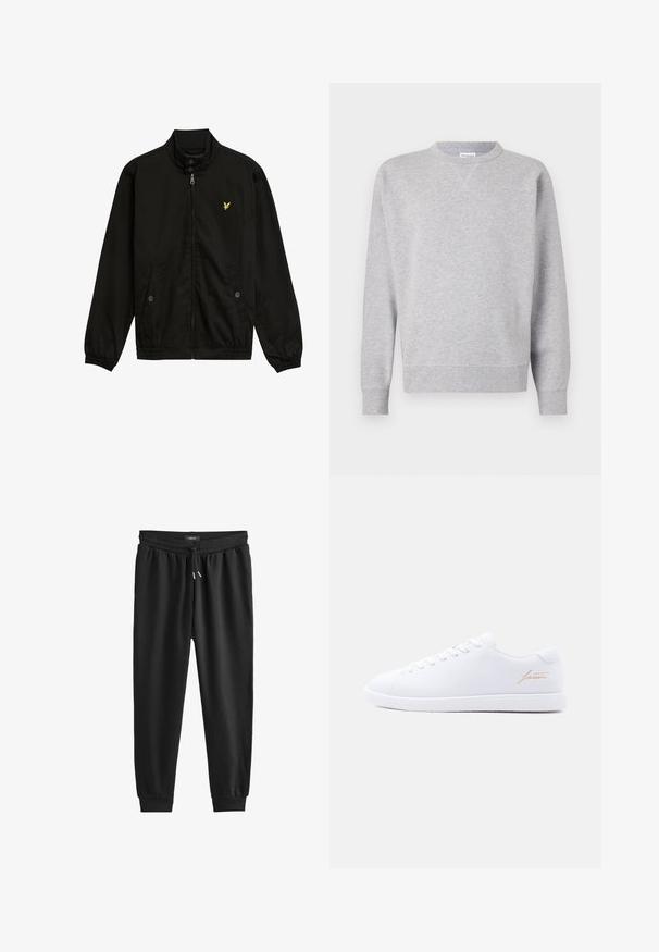 Zwarte nylon zip-up jack met een hoge kraag, elastische manchetten, twee voorzakken en een klein geel logo op de borst.; Grijze sweatshirt van zacht materiaal, met een ronde hals, lange mouwen, geribbelde manchetten en een rechte zoom. Geen zichtbare patronen of grafische elementen.; Zwarte joggingsbroek van zacht materiaal, met een elastische tailleband met een trekkoord, taps toelopende pijpen en ribbelboorden bij de enkels.; Witte lage sneaker met witte veters, een gestructureerde zool en een gouden "lacoste" schrift aan de zijkant tegen een neutrale achtergrond.