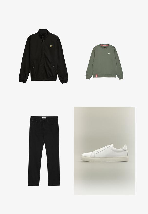 Zwarte nylon zip-up jack met een hoge kraag, elastische manchetten, twee voorzakken en een klein geel logo op de borst.; Olijfgroene sweatshirt gemaakt van zachte stof, met een ronde halslijn, geribbelde manchetten, een logo in het wit en een rode accentlabel aan de zoom.; Zwarte straight-leg jeans met een vijf-pocket ontwerp, knoop- en ritssluiting, en een Pier One merklabel op de tailleband.; Witte lage sneaker met veters aan de voorkant en dikke zool, zijaanzicht tegen een neutrale achtergrond.