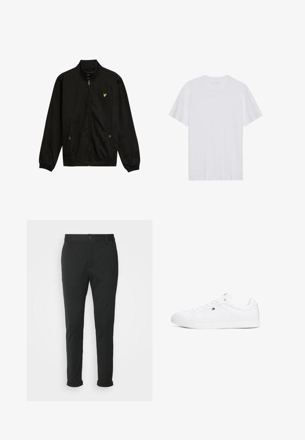 Schwarze Nylon-Reißverschlussjacke mit hohem Kragen, elastischen Bündchen, zwei Fronttaschen und einem kleinen gelben Logo auf der Brust.; Weißes Baumwoll-T-Shirt mit kurzen Ärmeln, Rundhalsausschnitt und glatter Textur. Verfügt über eine minimale Markenkennzeichnung am Halsausschnitt.; Schwarze Hose aus einem glatten Stoff mit geradem Schnitt. Besitzt einen einzelnen Knopfverschluss und umgeschlagene Bündchen.; Weiße Sneakers aus synthetischem Leder mit flacher Sohle, runder Spitze und sechs Ösen. Auf der Seite befindet sich ein kleines Logo.