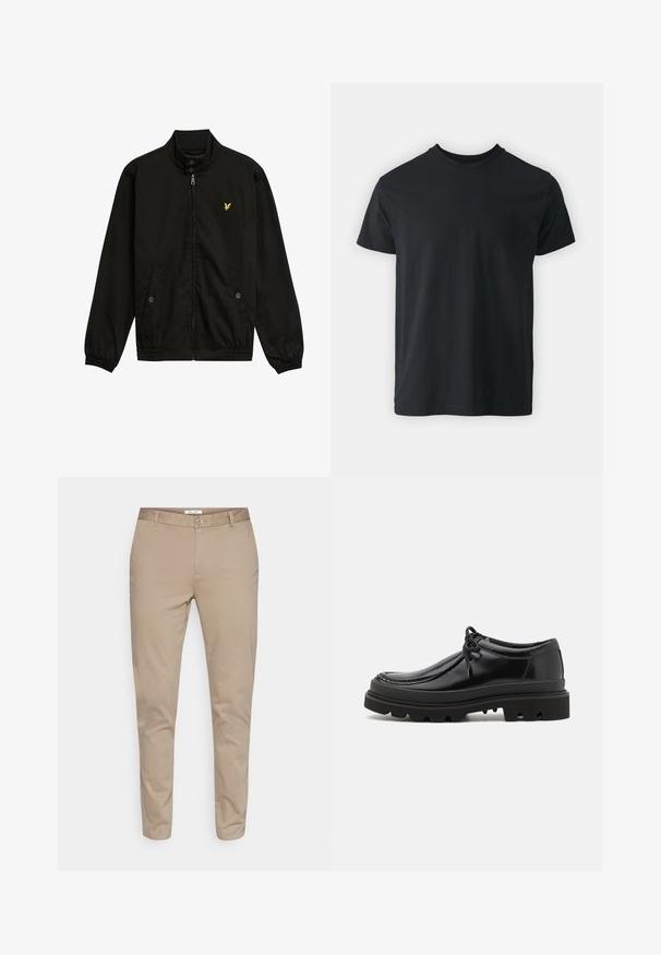 Zwarte nylon zip-up jack met een hoge kraag, elastische manchetten, twee voorzakken en een klein geel logo op de borst.; Zwart katoenen T-shirt met korte mouwen, ronde hals en een relaxte pasvorm. Glad textuur en rechte zoom, geen zichtbare graphics of patronen.; Beige katoenen chinos met een rechte pijpdesign, voorzien van een knoopsluiting, riemlussen en zijzakken. Glad textuur zonder patronen.; Zwarte leren derby schoenen met een strak ontwerp, ronde neus en een getextureerde rubberen zool met diepe groeven voor grip.