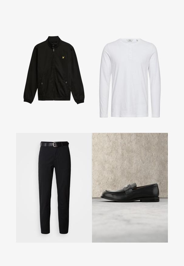 Zwarte nylon zip-up jack met een hoge kraag, elastische manchetten, twee voorzakken en een klein geel logo op de borst.; Wit katoen shirt met lange mouwen, een ronde halslijn, een vijfknopensluiting en een zachte textuur. Eenvoudig en klassiek ontwerp.; Zwarte broek met een rechte snit, voorzien van een zachte textuur en een zwarte leren riem met een zilveren gesp. Eenvoudig ontwerp, zonder patronen of accenten.; Zwarte leren loafer met een metalen merktekenplaatje, rustend bij een bruine ronde tafel op een beige tapijtvloer.