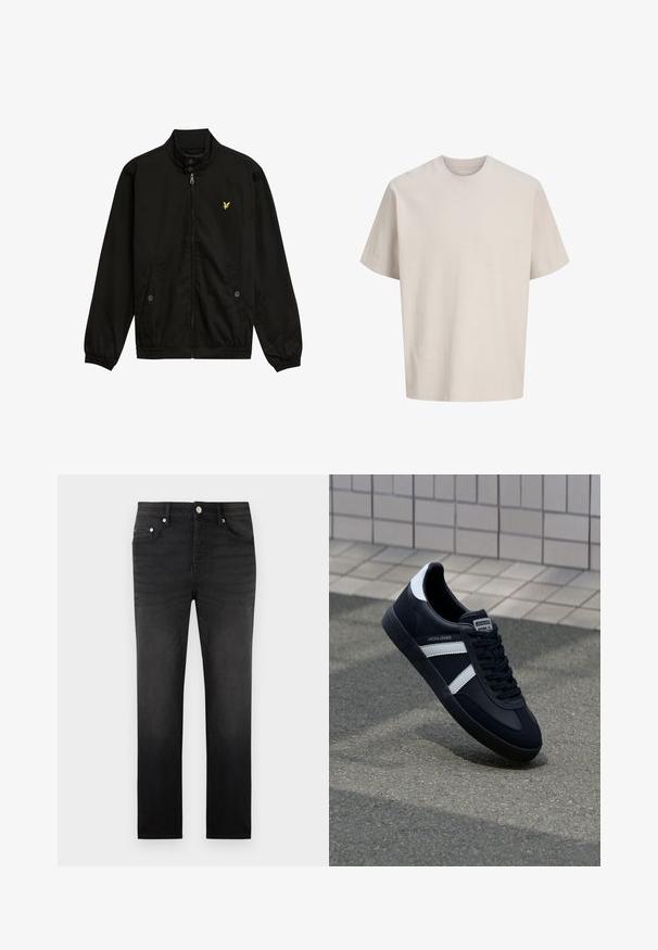 Zwarte nylon zip-up jack met een hoge kraag, elastische manchetten, twee voorzakken en een klein geel logo op de borst.; Beige geribd T-shirt met korte mouwen, ronde hals, losse pasvorm en subtiele verticale textuurlijnen.; Zwarte slim-fit jeans met vijf zakken, knoop- en ritssluiting, en riemlussen, afgebeeld tegen een effen witte achtergrond.; Zwarte leren sneaker met witte strepen, een gestructureerde rubberen zool en vetersluiting aan de voorkant. Voorzien van een merklabel op de tong.