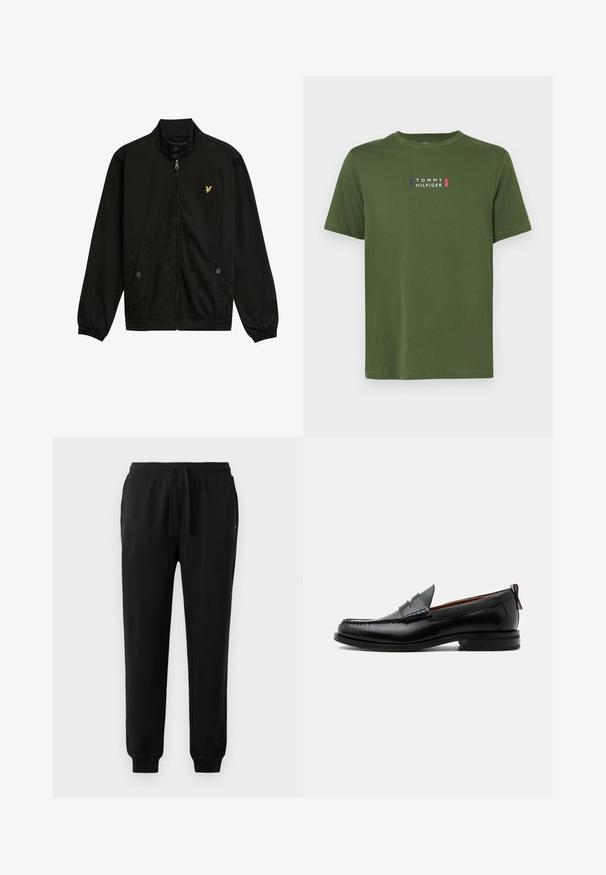 Zwarte nylon zip-up jack met een hoge kraag, elastische manchetten, twee voorzakken en een klein geel logo op de borst.; Groene katoenen T-shirt met korte mouwen, voorzien van een wit, blauw en rood logo met de tekst "TOMMY HILFIGER" in het midden. Ronde hals.; Zwarte sweatpants van zacht materiaal, met een elastische tailleband met trekkoord, cuffs aan de enkels en zijzakken. Eenvoudig ontwerp.; Zwarte leren herensloffen met moc toe stiksel, pennyriem, gestructureerde kraag en lage gestapelde hak op witte achtergrond.