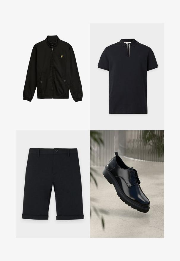Zwarte nylon zip-up jack met een hoge kraag, elastische manchetten, twee voorzakken en een klein geel logo op de borst.; Zwart polohemd met korte mouwen, kraag en knoopsluiting met twee verticale witte strepen.; Zwarte katoenen shorts met knoopsluiting, een getailleerd ontwerp en opgerolde zoom. Voorzien van voorzakken en een gladde textuur.; Zwarte leren schoen met een glanzende afwerking, ronde neus, vetersluiting, contrasterende stiksels en een dikke rubberen zool met profielpatronen.