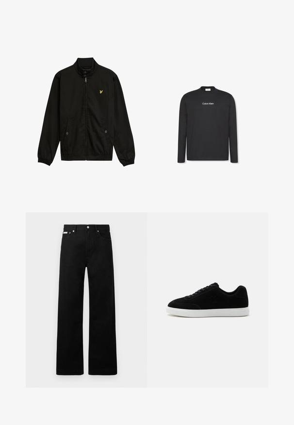 Zwarte nylon zip-up jack met een hoge kraag, elastische manchetten, twee voorzakken en een klein geel logo op de borst.; Zwart shirt met lange mouwen en een ronde hals, met "Calvin Klein" in kleine witte letters in het midden van de borst gedrukt.; Zwarte spijkerbroek met een wijd uitlopende pasvorm, voorzien van vijf zakken en metallic knopen. Gladde textuur, geen zichtbare patronen.; Zwarte lage sneaker met veterluiting aan de voorkant, subtiel "ck"-logo aan de zijkant en dikke witte rubberen zool op een effen lichte achtergrond.