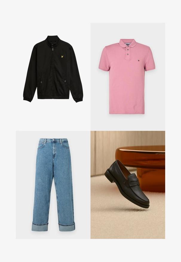 Zwarte nylon zip-up jack met een hoge kraag, elastische manchetten, twee voorzakken en een klein geel logo op de borst.; Roze polo shirt van zachte katoen, met een knoopsluiting met twee knopen, korte mouwen en een klein logo op de borst. Soepele textuur.; Hoge taille blauwe denim jeans met wijde benen en opgerolde mouwen, met voorzakken en riemlussen.; Zwarte leren herensloffen met een band over de bovenkant, getoond op een beige tapijt vlakbij een bruine moderne ronde tafel.