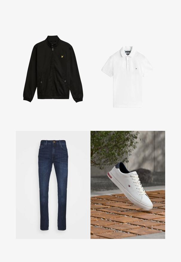 Sort nylon zip-jakke med høj krave, elastiske cuffs, to forlommer og et lille gult logo på brystet.; Hvid polo t-shirt med korte ærmer, tre knapper og lille Tommy Hilfiger-logo på venstre bryst.; Mørkeblå denimjeans med lige ben, der har en standard talje, forlommer og diskrete syninger.; Hvid lædersneaker med navy hælflap og lille rød, hvid og blå logo, der svæver over en træ- og grusbelagt overflade udendørs.