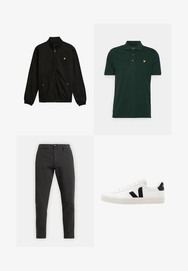 Zwarte nylon zip-up jack met een hoge kraag, elastische manchetten, twee voorzakken en een klein geel logo op de borst.; Donkergroene poloshirt van katoen. Kenmerkt zich door een kraag, een drie-knopen sluiting en een klein geel geborduurd logo op de borst.; Zwarte katoen chino broek met een slim fit, voorzien van een rits en knoopsluiting, en vier zakken. Soepele textuur, minimale details.; Witte leren sneaker met zwarte suède accenten; voorzien van een rubberen zool, ronde neus en een klassieke vetersluiting. Zijkant met logo in het zwart.