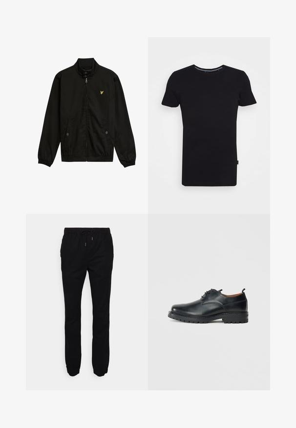 Sort nylon zip-jakke med høj krave, elastiske cuffs, to forlommer og et lille gult logo på brystet.; Lindbergh T-shirts basic - black; Sorte joggerbukser lavet af blødt stof, med elastisk talje med snor, sidelommer og tætsiddende benafslutninger.; Sorte læder derby-sko med en glat overflade, rund tå, snøre-design og en tyk, robust gummisål.