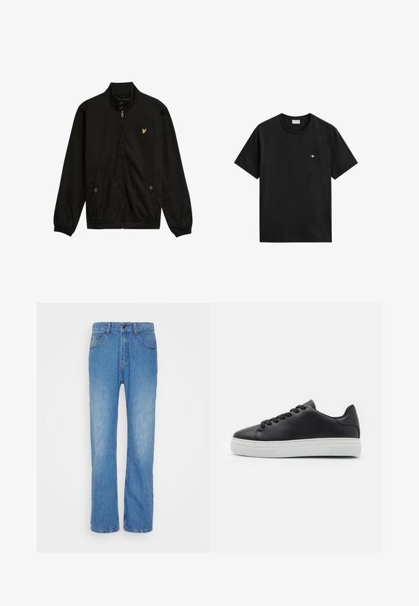 Sort nylon zip-jakke med høj krave, elastiske cuffs, to forlommer og et lille gult logo på brystet.; Sort kortærmet t-shirt med rund hals og lille GANT-logo broderet på venstre bryst.; Denim Project DPMMR LOOSE - Loose-jeans - blue denim wash; Sorte lædersneakers med rund tå, hvid gummisål og sorte snørebånd. Har en glat overflade og minimalistisk design.