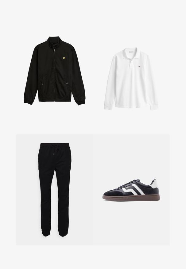 Sort nylon zip-jakke med høj krave, elastiske cuffs, to forlommer og et lille gult logo på brystet.; Langærmet hvid poloshirt lavet af bomuld, med en foldet krave, knappet lukning og et lille broderet logo på brystet.; Sorte joggerbukser lavet af blødt stof, med elastisk talje med snor, sidelommer og tætsiddende benafslutninger.; Sorte sneakers med ruskind og syntetisk materiale, hvide diagonale striber og en brun tekstureret sål. Har snøredesign og polstret krave.