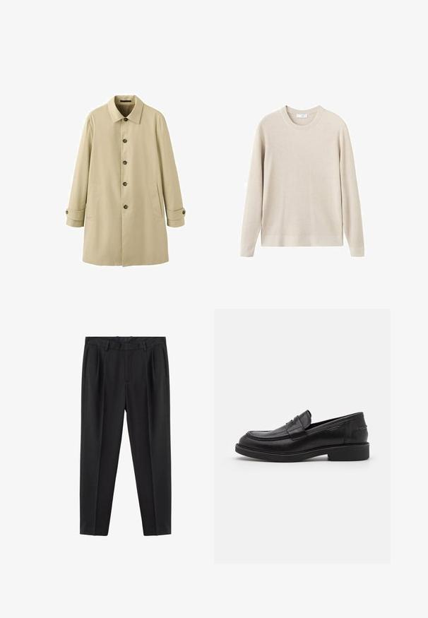 Trench-coat beige à simple boutonnage avec quatre boutons foncés, poches latérales, col classique et brides boutonnées aux manches.; Pull beige côtelé à manches longues et col rond. Fabriqué dans un matériau doux, il présente une coupe décontractée et des détails minimaux.; Pantalon noir sur mesure avec passants pour ceinture, plis à l'avant, poches latérales et coupe slim effilée.; Mocassins en cuir noir avec un bout arrondi, des coutures ton sur ton et un détail de sangle à l'avant. Semelle en caoutchouc avec un petit talon.