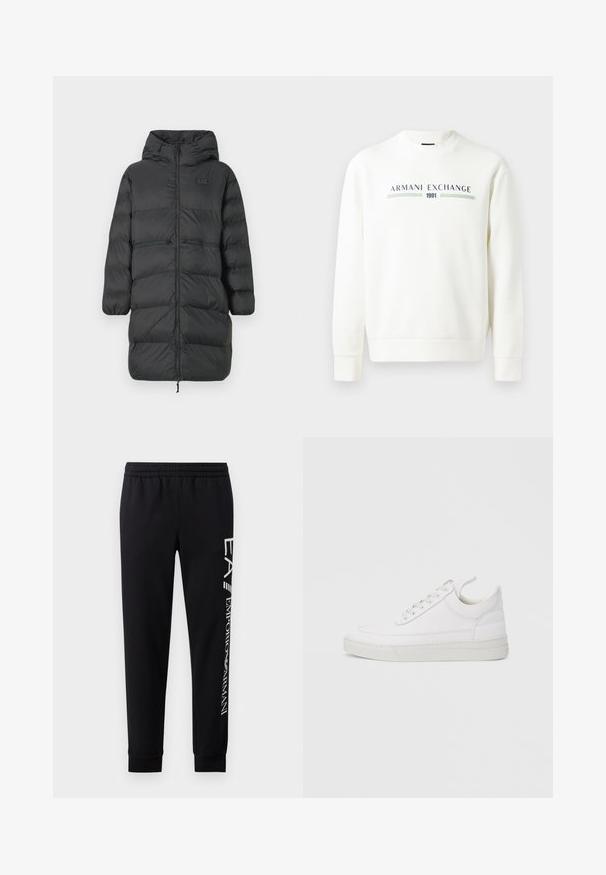 Schwarzer, langer Daunenmantel mit Kapuze, elastischen Bündchen, vorderem Reißverschluss und zwei horizontalen Reißverschlusstaschen auf Hüfthöhe, mit kleinem EA7-Logo auf der Brust.; Weißer Sweatshirt mit Rundhalsausschnitt, langen Ärmeln und gerippten Bündchen. Mit einem gedruckten Logo "Armani Exchange 1991" in Blau und Grün.; Schwarze Sweatpants aus Baumwollmischung mit elastischem Taillenbund, schmal zulaufenden Beinen, gerippten Bündchen und weißem Logo-Druck entlang der Seite.; Weißer Ledersneaker mit abgerundetem Zehenbereich, flacher Sohle und Schnürverschluss. Verfügt über Nahtdetails und einen gepolsterten Kragen für zusätzlichen Komfort.