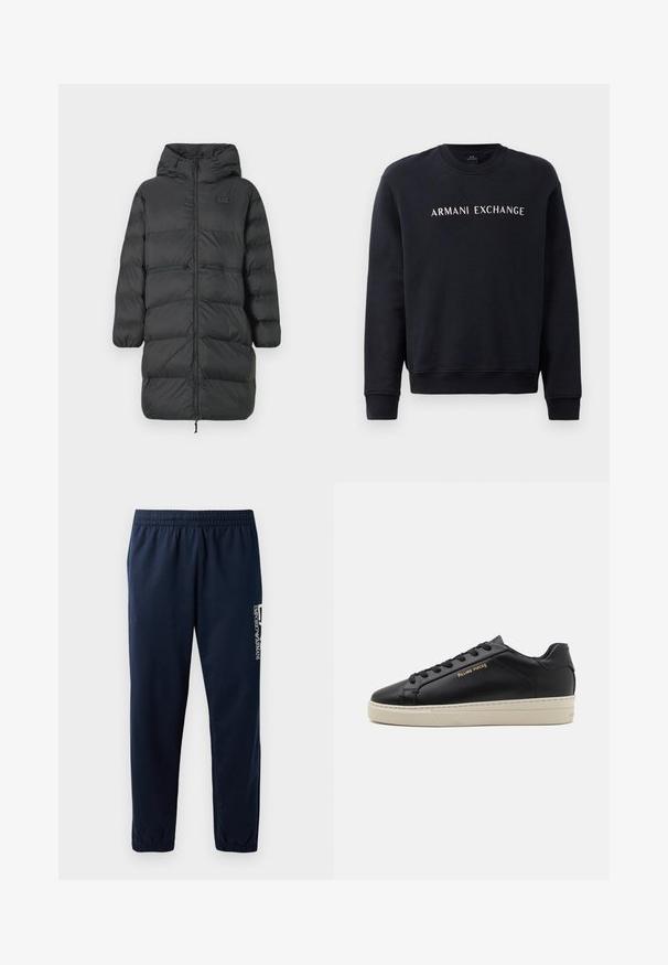 Schwarzer, langer Daunenmantel mit Kapuze, elastischen Bündchen, vorderem Reißverschluss und zwei horizontalen Reißverschlusstaschen auf Hüfthöhe, mit kleinem EA7-Logo auf der Brust.; Schwarzer Sweatshirt mit Rundhalsausschnitt, gerippten Bündchen und Saum, mit dem weißen "ARMANI EXCHANGE" Logo quer über die Brust.; Marineblaues Sweatpants mit elastischem Bund, zulaufenden Beinen und einem weißen Logo an der Seite. Glattes Gewebe mit leichter Textur.; Schwarze Leder-Sneaker mit glatter Oberfläche, kontrastierender cremefarbener Sohle, abgerundeter Spitze, goldfarbenem Logo an der Seite und sechs Ösen für die Schnürsenkel.