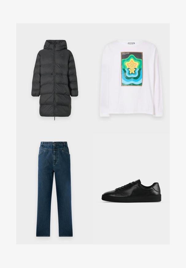 Sort lang pufferjakke med hætte, elastiske manchetter, frontlynlås og to horisontale lynlåslommer i taljen, med et lille EA7-logo på brystet.; Hvid langærmet t-shirt med et farverigt geometrisk print bestående af lagdelte stjernetyper i grøn, gul og blå, indrammet af en mørk kant.; Mørkeblå denim straight-leg jeans med høj talje, der har forlommer og en knaplukning. Struktureret stof med subtil falmning.; Svært lavprofileret sort lædersneaker med snørebånd foran og tekstureret flad sål, vist fra siden på en neutral baggrund.