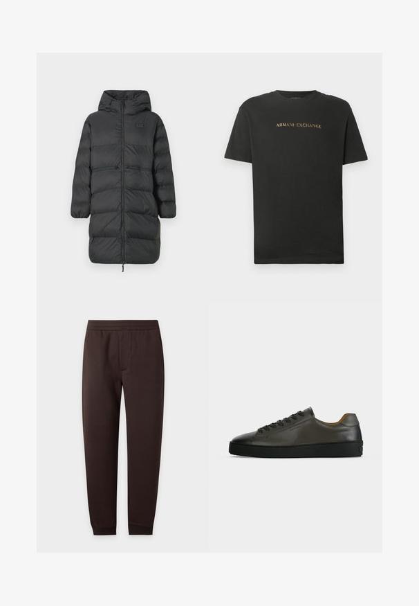 Sort lang pufferjakke med hætte, elastiske manchetter, frontlynlås og to horisontale lynlåslommer i taljen, med et lille EA7-logo på brystet.; Sort kortærmet T-shirt med rund hals, med "ARMANI EXCHANGE" trykt i guldskrift henover brystet.; Mørkebrune slim-fit joggingbukser med elastisk talje og ankelmanchetter, forreste sømdetalje på ensfarvet baggrund.; Lavtskåret mørkegrå læder sneaker med sorte snørebånd og sål, minimalistisk design, sideprofil på en ensfarvet lys baggrund.