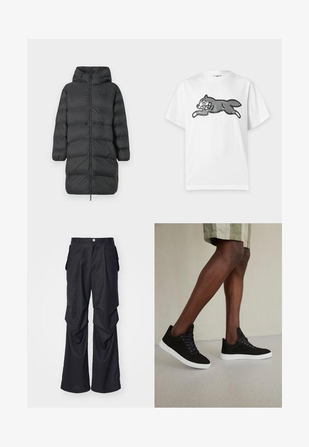 Sort lang pufferjakke med hætte, elastiske manchetter, frontlynlås og to horisontale lynlåslommer i taljen, med et lille EA7-logo på brystet.; Hvid T-shirt med korte ærmer med et sort, stiliseret springende dyr lavet af små cirkulære mønstre på forsiden.; Sorte nålestribede bukser med bred bendesign, der har folder, sidelommer og en frontlukning med knap. Glat tekstur.; Sorte ruskinds sneakers med hvide gummisåler, med runde snørebånd, lav-top design og en glat overflade.