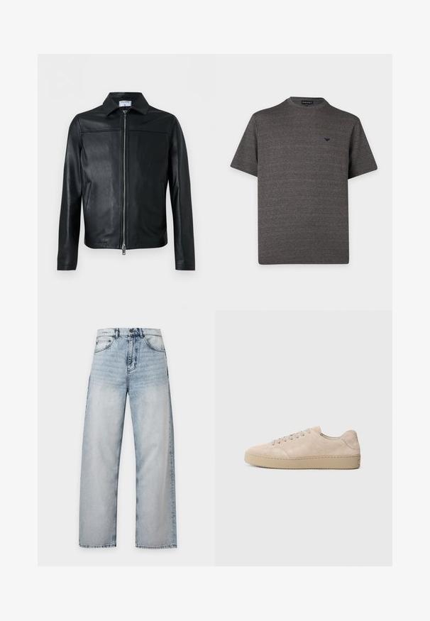 Veste en cuir noir avec fermeture éclair intégrale à l'avant, col pointu, manches longues et poches latérales, présentée sur un fond blanc uni.; T-shirt en maille texturée gris foncé à manches courtes, col rond et petit logo noir sur la poitrine gauche sur fond blanc.; Jean en denim bleu clair délavé, coupe droite, design classique cinq poches, fermeture par bouton à la taille.; Baskets en daim beige avec un bout rond, des lacets plats et une semelle en caoutchouc texturé. Design minimaliste avec des bords lisses et des coutures discrètes.