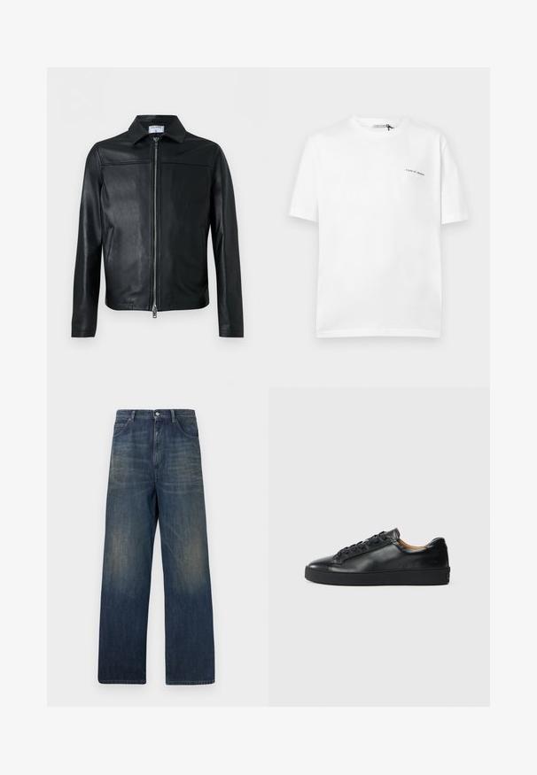 Veste en cuir noir avec fermeture éclair intégrale à l'avant, col pointu, manches longues et poches latérales, présentée sur un fond blanc uni.; T-shirt blanc à manches courtes avec col rond, portant un petit logo texte "Tiger of Sweden" sur la poitrine gauche.; Jean denim bleu marine à jambe droite avec des zones délavées sur les cuisses et les poches avant, fermeture par bouton et passants pour ceinture.; Baskets en cuir noir avec une texture lisse, bout rond et fermeture à lacets. Comprend une semelle en caoutchouc épaisse et un minimum de détails de marque.