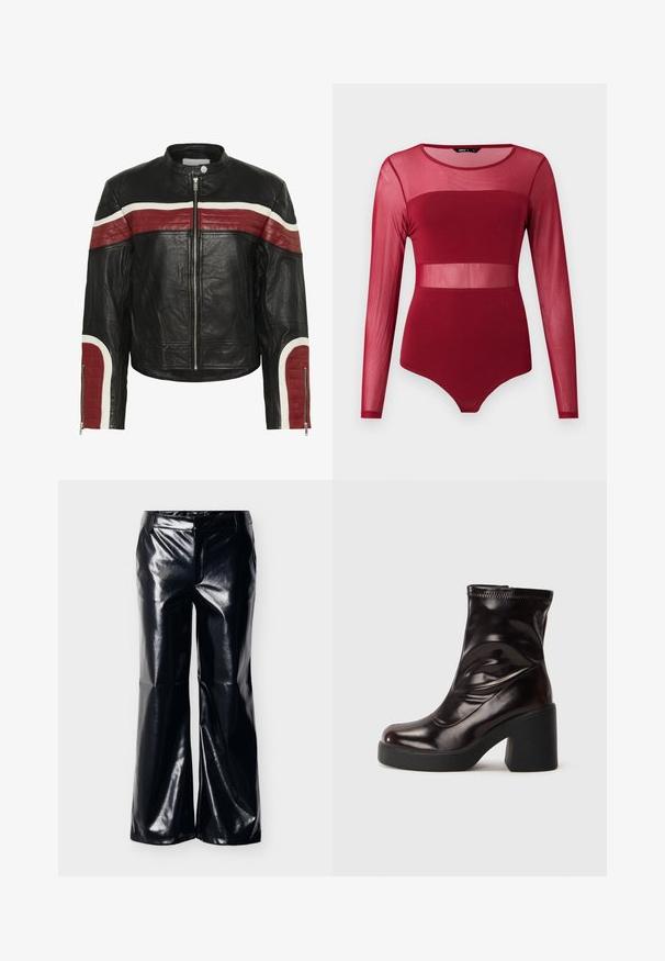 Sort læderbikerjakke med røde og hvide horisontale striber på tværs af brystet og ærmerne, frontal lynlås og trykknapkrave.; Langærmet burgundy bodystocking med transparente meshpaneler på øvre bryst, talje og ærmer, med rund halsudskæring og tætsiddende pasform.; Sorte bukser i bredbenet design af imiteret læder med en blank finish, med talje i midjehøjde og et rent forstykke, velegnede til forskellige stilarter.; Lysende sorte ankelstøvler med kraftig blokhæl og rund tå, glat læderoverdel med diskrete syninger.