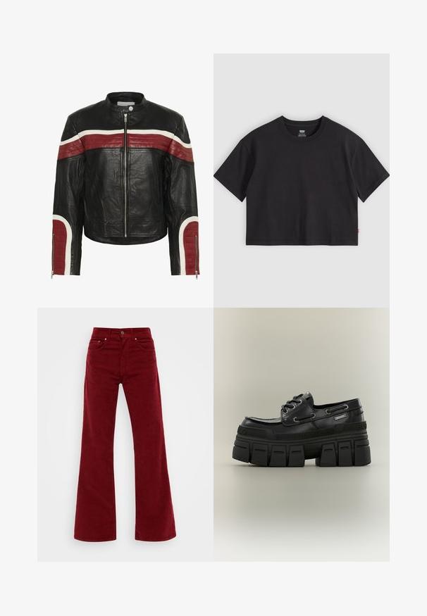 Zwarte leren motorjack met rode en witte horizontale strepen op de borst en mouwen, voorzijde met rits en knoopkraag.; Zwarte cropped T-shirt met korte mouwen en ronde hals en een klein rood Levi's-label op de zijnaden, plat gelegd op een lichtgrijze achtergrond.; Bordeaux corduroy flared jeans met een hoge taille, vijf zakken en een sluiting met knoop aan de voorkant. Zachte textuur met wijde benen.; Zwarte chunky platform schoen met veters aan de voorkant, dikke robuuste zool en merkdetails langs de zool en zijkant.