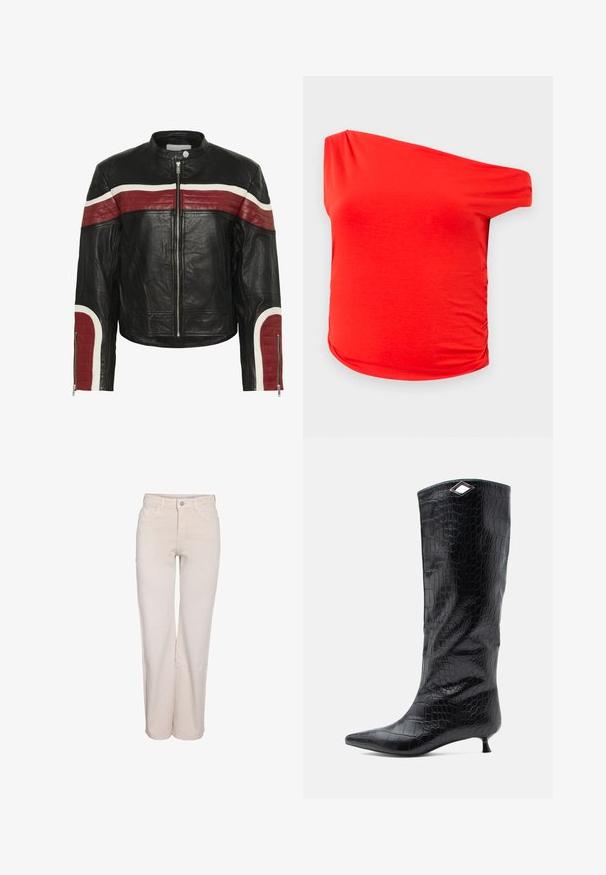 Sort læderbikerjakke med røde og hvide horisontale striber på tværs af brystet og ærmerne, frontal lynlås og trykknapkrave.; Rød off-the-shoulder top i let stof, med rynkede detaljer på siden og en glat tekstur, der tilbyder en afslappet pasform.; Kremfarvede bukser med lige ben, forlommer, bæltestropper og lukning med knap og lynlås, vist mod en hvid baggrund.; Sorte knæhøje støvler i blank krokodillepræget læder, med spids tå og en lille kitten heel, samt en vinkelret sølvaccent på toppen.