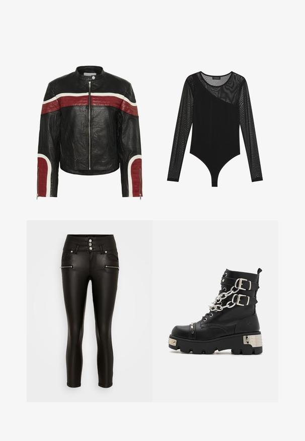 Veste de motard en cuir noir avec des rayures horizontales rouges et blanches sur la poitrine et les manches, fermeture éclair à l'avant et col à bouton-pression.; Un body noir avec des manches en tulle transparent longues, une coupe ajustée, un décolleté asymétrique et un bas lisse et opaque.; Vero Moda Petite VMDONNA ZIP COATED - Pantalon classique - black; Koi Footwear SHACKLED SHADOWS HEAVY DUTY CHAIN - Bottines de cowboy / motard - black