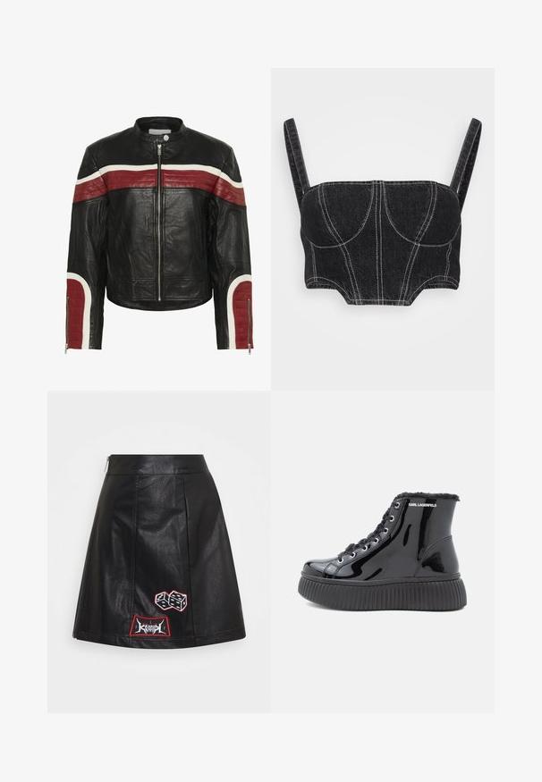 Sort læderbikerjakke med røde og hvide horisontale striber på tværs af brystet og ærmerne, frontal lynlås og trykknapkrave.; Sort denim crop top med tynde stropper, der har hvid syning, struktureret korpus og buede sømme. Glat tekstur og tætsiddende design.; Karl Kani PATCHED SKIRT - A-snit nederdel - black; Sorte patentlæder ankelstøvler med en tekstureret platformssål, pelsfor og metaløjer. Branding på siden.