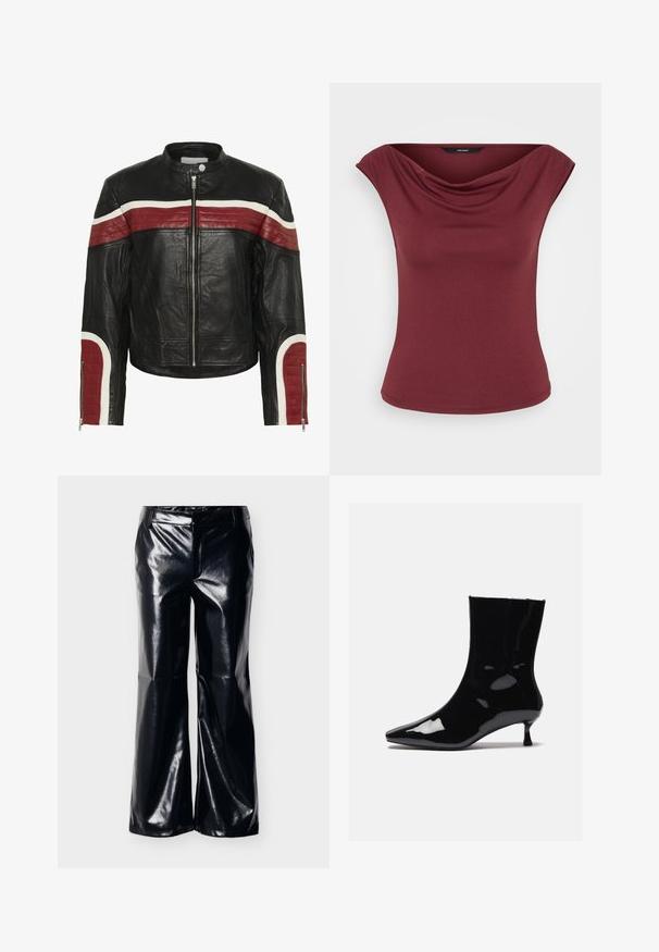 Veste de motard en cuir noir avec des rayures horizontales rouges et blanches sur la poitrine et les manches, fermeture éclair à l'avant et col à bouton-pression.; Top bordeaux sans manches avec un décolleté drapé et une taille ajustée, présenté sur fond blanc uni.; Pantalon large en similicuir noir à finition brillante, doté d'une taille mi-haute et d'un design avant épuré, adapté à divers styles.; Bottine noire en vernis avec un bout pointu, une forme ajustée et un petit talon élancé. Texture lisse et finition à haute brillance.
