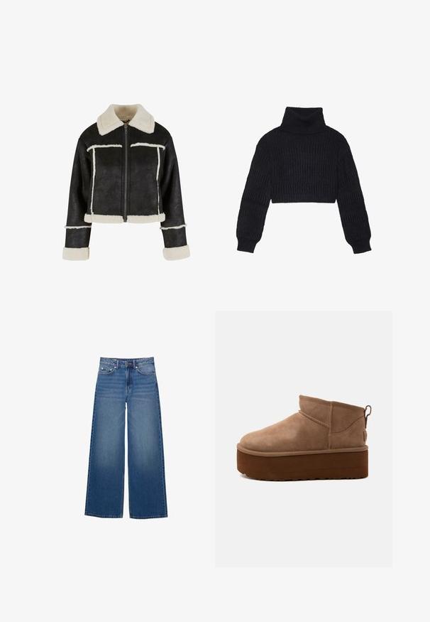 Afskåret sort faux læderjakke med en cremefarvet faux shearling krave og kant. Har en frontlynlås og vandrette sømdetaljer.; Afklippet sort sweater med høj halsudskæring, der har et struktureret ribbet mønster og lange, puffede ærmer.; Vidde-ben denimjeans i en mellemblå vask, med høj talje, fem-lomme design og syningsdetaljer langs sømmene.; Mellemstore brune ruskind slip-on støvler med tyk platformsål og trækflig bagpå mod lys baggrund.