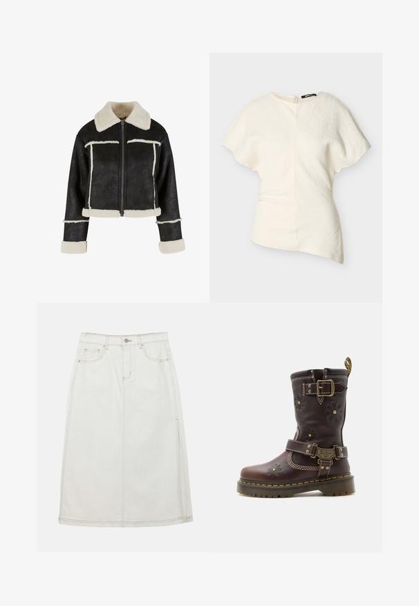 Afskåret sort faux læderjakke med en cremefarvet faux shearling krave og kant. Har en frontlynlås og vandrette sømdetaljer.; Asymmetrisk offwhite kortærmet bluse med struktureret stof og lynlås i siden.; Hvid denim midi-nederdel med en lige silhuet, der har en frontknaplukning, to sidelommer og kontrastsyede detaljer.; Brun læderstøvle til midt på læggen med præget blomstermønster, to justerbare messing spænder, gul syning og robust sål.
