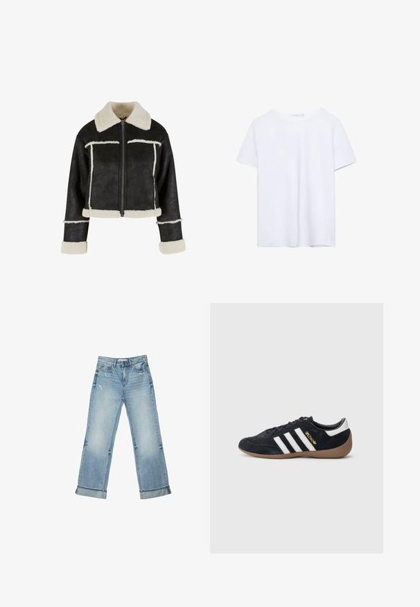 Afskåret sort faux læderjakke med en cremefarvet faux shearling krave og kant. Har en frontlynlås og vandrette sømdetaljer.; Simpel hvid kortærmet t-shirt med rund hals og lige kant, præsenteret på en hvid baggrund.; Lyseblå cowboybukser med vide ben, opkrogede kanter og let slid foran ved lommerne og lårene.; Sort ruskindssneaker med tre hvide striber, gummisål og et lille gyldent logo på siden. Har en glat sort foring indvendigt.
