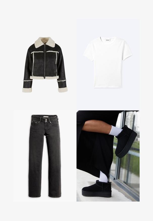 Afskåret sort faux læderjakke med en cremefarvet faux shearling krave og kant. Har en frontlynlås og vandrette sømdetaljer.; Ensfarvet hvid t-shirt med korte ærmer og rund halsudskæring med en lille "WEEKDAY" label indeni halskanten, vist fladt på en lys baggrund.; Sorte straight-leg jeans med for- og baglommer, bæltestropper og dobbeltknaplukning i taljen.; Sorte suede ankelstøvler med flad sål, med en bageste træksløjfe, båret med hvide ankelstrømper mod en minimalistisk baggrund.
