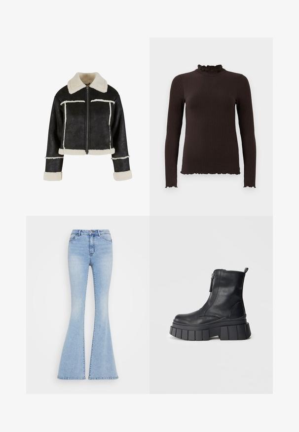 Afskåret sort faux læderjakke med en cremefarvet faux shearling krave og kant. Har en frontlynlås og vandrette sømdetaljer.; Mørkebrun ribbet bluse med lange ærmer, høj, flæset krave og flæsekant på manchetter og nederste kant.; Lysblå flare-jeans i mellemstærkt denim, med høj talje, klassisk fem-lomme design og fremtrædende sømdetaljer langs benene.; Sorte læder ankelstøvler med chunky rillede platformsåler og lynlås i siden, vist på en neutral grå baggrund.
