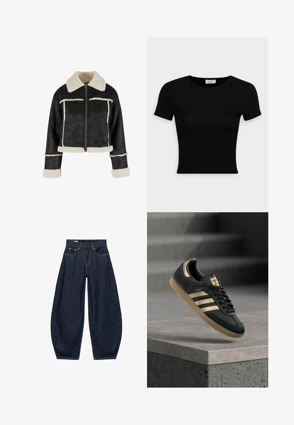 Afskåret sort faux læderjakke med en cremefarvet faux shearling krave og kant. Har en frontlynlås og vandrette sømdetaljer.; Sort kortærmet t-shirt lavet af glat bomuldsstof, med rund halsudskæring og en tætsiddende pasform. Minimalistisk uden synlige mønstre.; Mørkeblå vidde jeans med frontlommer, bæltestropper og knaplukning i taljen.; Sort Adidas Samba-sneaker med gulstriber og gummisål, der svæver over en betongflade med slørede trapper i baggrunden.