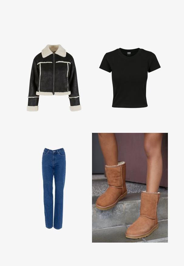 Chaqueta de imitación cuero negra recortada con un cuello y ribetes de borreguillo crema. Cuenta con un cierre frontal de cremallera y detalles de costura horizontal.; Camiseta negra de manga corta fabricada en algodón suave, con un cuello redondo y un corte ajustado. Sin patrones ni acentos visibles.; Jeans de mezclilla azul de tiro alto con pierna recta, cinco bolsillos y cierre de botón de metal. Presentan un patrón de costura clásico y sin desgastes.; Botas de tobillo de ante marrón con punta redonda, forro suave y suela de goma, con detalles de costura visibles a lo largo de las costuras.
