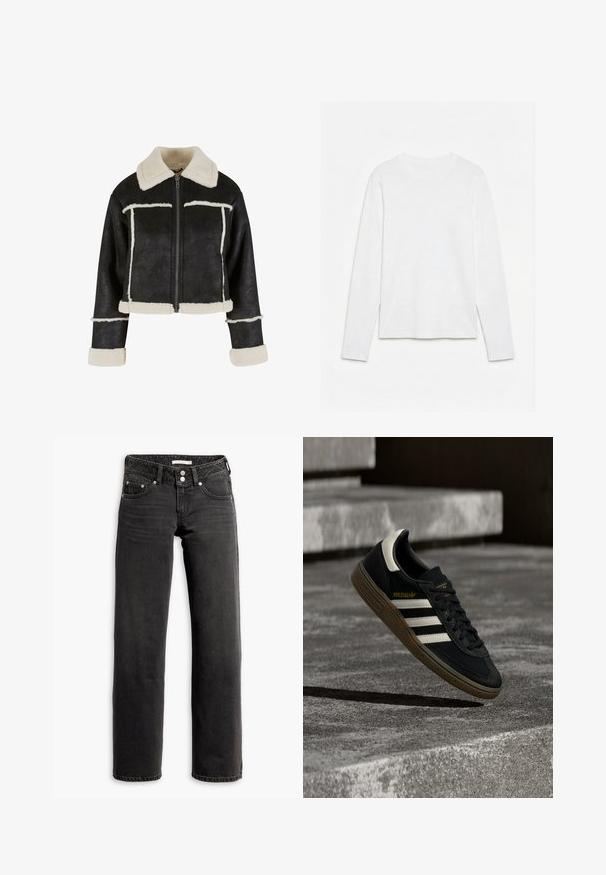 Afskåret sort faux læderjakke med en cremefarvet faux shearling krave og kant. Har en frontlynlås og vandrette sømdetaljer.; Helt hvid langærmet t-shirt med rund hals lagt fladt på en hvid overflade, der viser fronten og hele ærmelængden.; Sorte straight-leg jeans med for- og baglommer, bæltestropper og dobbeltknaplukning i taljen.; Sort Adidas-sneaker med hvide striber og gummisåler, svævende over grå betontrapper i naturligt lys.