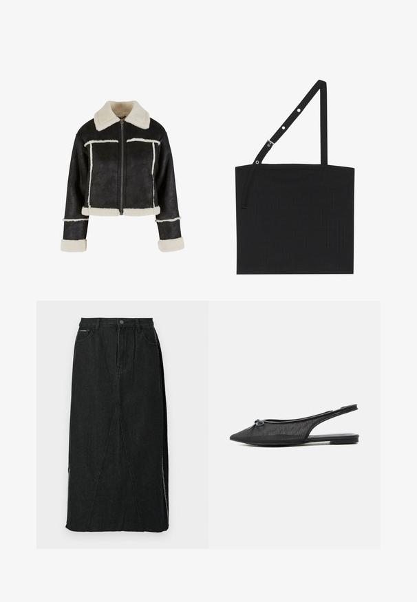 Afskåret sort faux læderjakke med en cremefarvet faux shearling krave og kant. Har en frontlynlås og vandrette sømdetaljer.; Sort ribbet tanktop med en justerbar strop, der har metalhardware. Enkelt design med en lige halsudskæring og glat tekstur.; Sort denimnederdel med høj talje, lige snit og unikke skrå sømme. Har sideslids og knaplukning i taljen.; Sort net-slingback flad sko med spids tå og lille sløjfedetalje på toppen, vist mod en hvid baggrund.