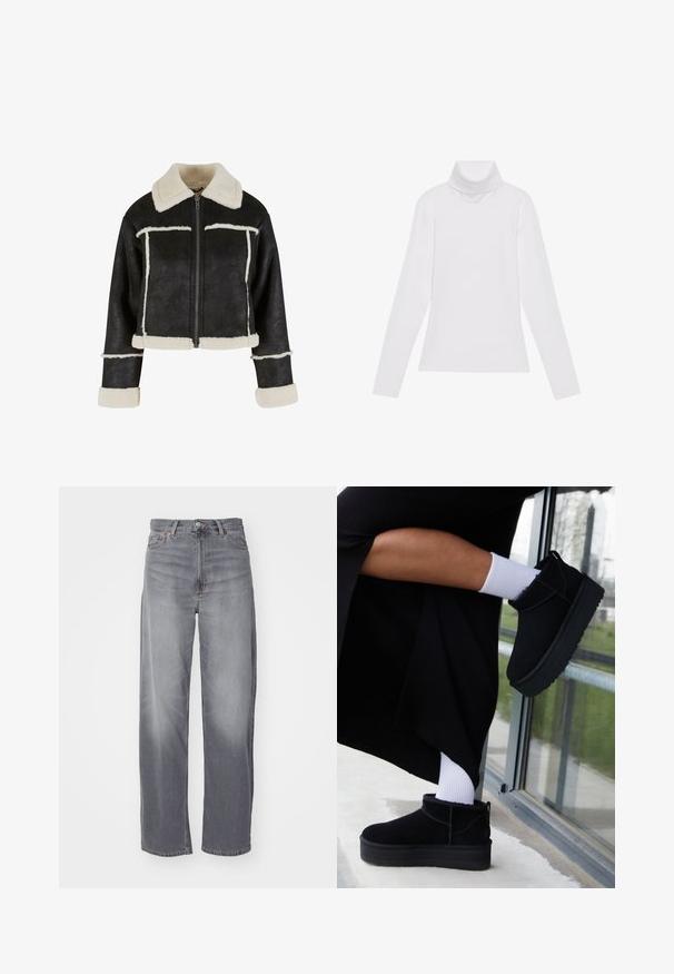 Afskåret sort faux læderjakke med en cremefarvet faux shearling krave og kant. Har en frontlynlås og vandrette sømdetaljer.; Hvid langærmet turtle-neck top lavet af glat, strækbart stof. Har en høj krave og tætsiddende design, uden synlige mønstre eller udsmykninger.; Weekday RAIL MID LOOSE STRAIGHT - Jeans Straight Leg - misty grey; Sorte suede ankelstøvler med flad sål, med en bageste træksløjfe, båret med hvide ankelstrømper mod en minimalistisk baggrund.