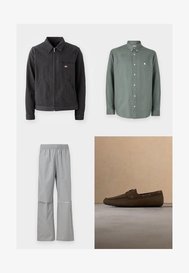Čierny pruhovaný blazer vyrobený z odolného materiálu. Má golier, zips, predné vrecká a malé logo na vrecku na hrudi.; Zelená košeľa s dlhým rukávom vyrobená z bavlny, s golierom na gombíky, predným zapínaním na gombíky a malým bielym logom na hrudi.; Svetlosivé nepremokavé nohavice s elastickým pásom a reflexnou páskou na pravej nohe, určené na vonkajšie použitie.; Hnedá kožená mokasína s detailom na šnúrky, gumovou podrážkou, vznášajúca sa nad textúrovaným kobercom v interiéri so zemitými farbami.